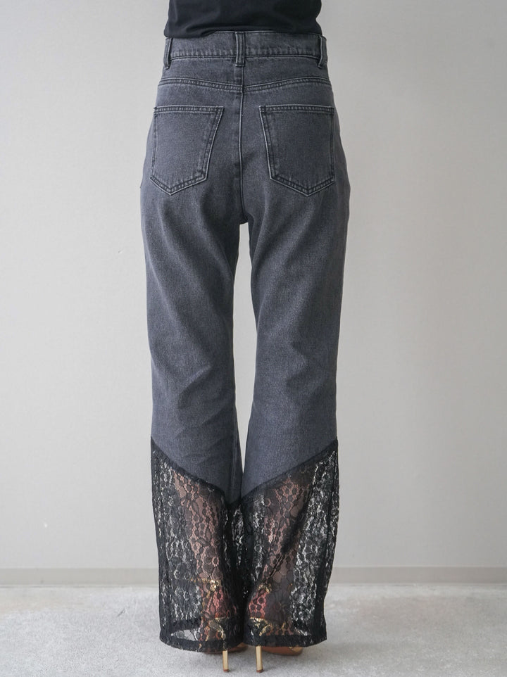 [予約]レース切替フレアデニムパンツ/black