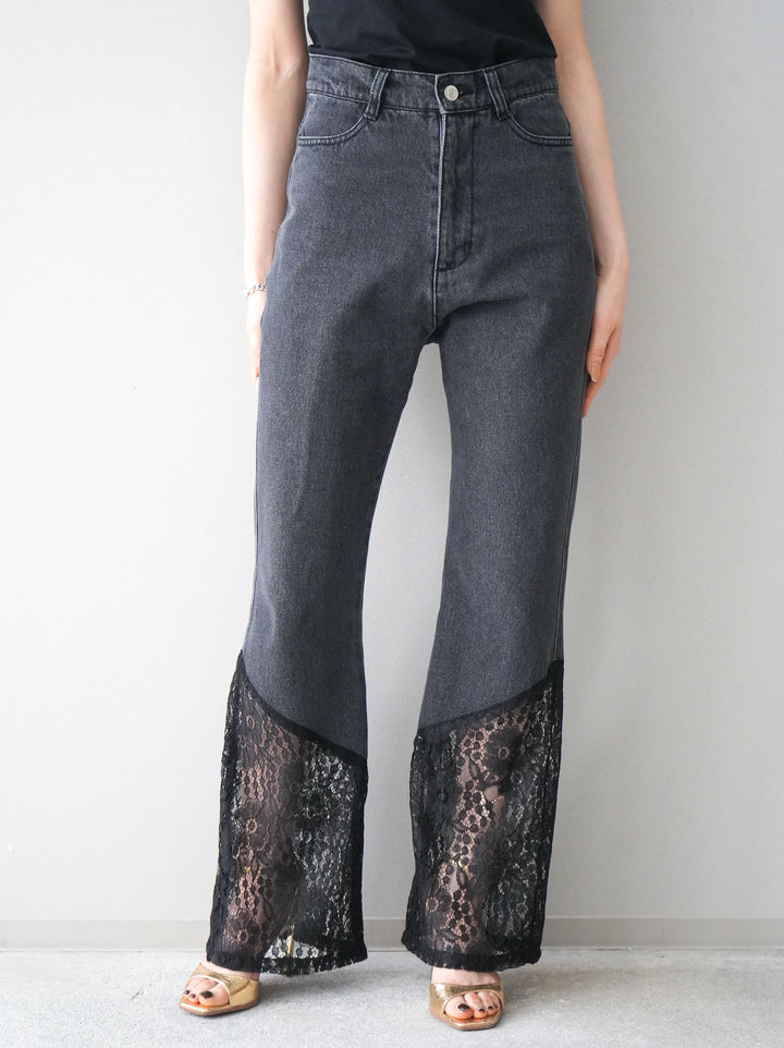 [予約]レース切替フレアデニムパンツ/black