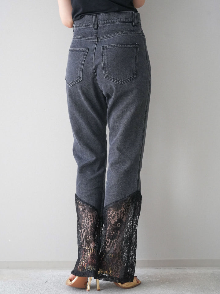 [予約]レース切替フレアデニムパンツ/black