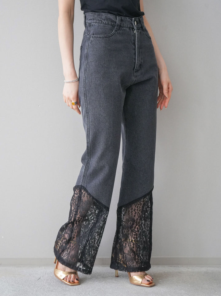 [予約]レース切替フレアデニムパンツ/black