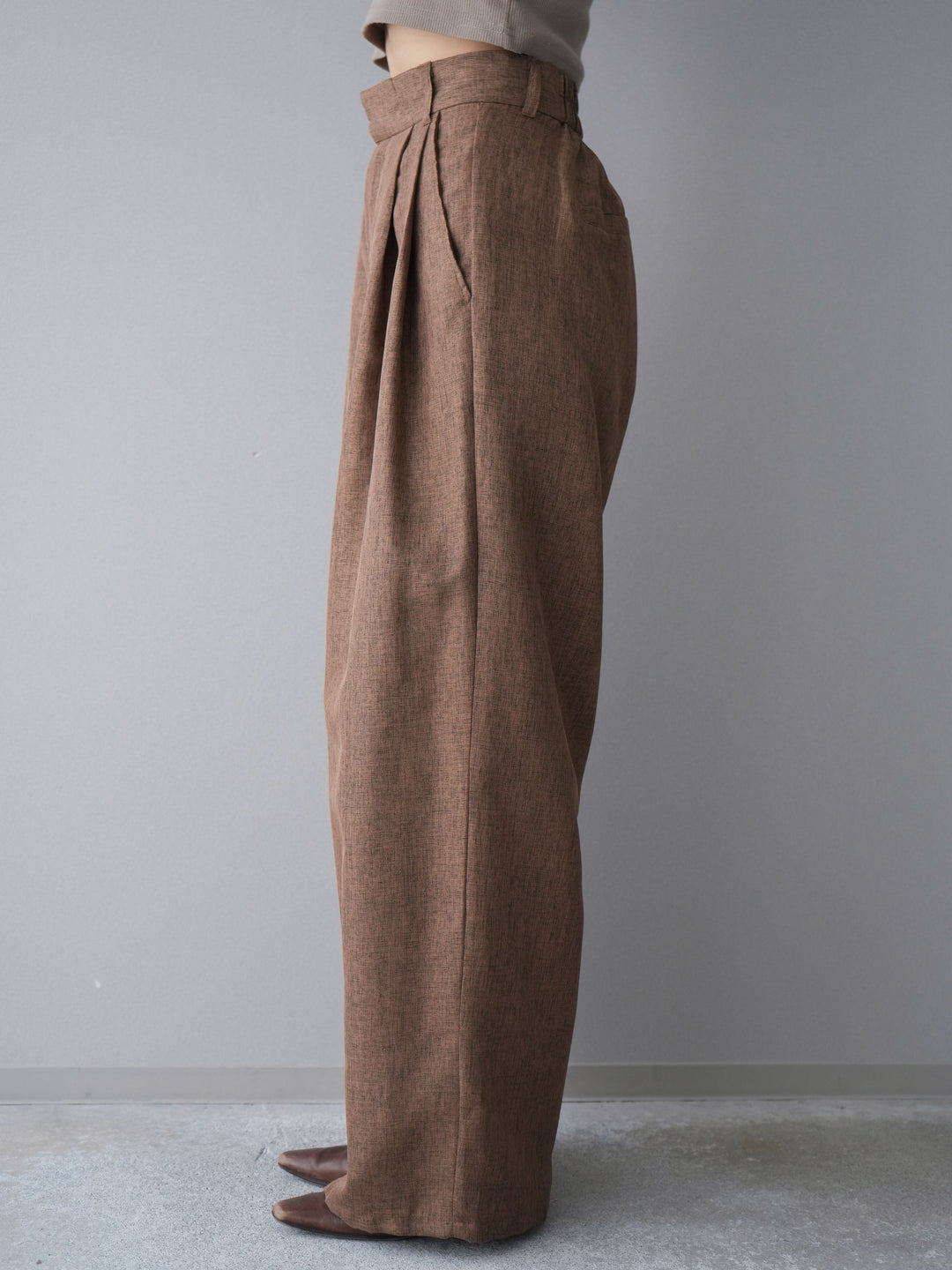 [予約]リネンライクタックワイドパンツ/brown