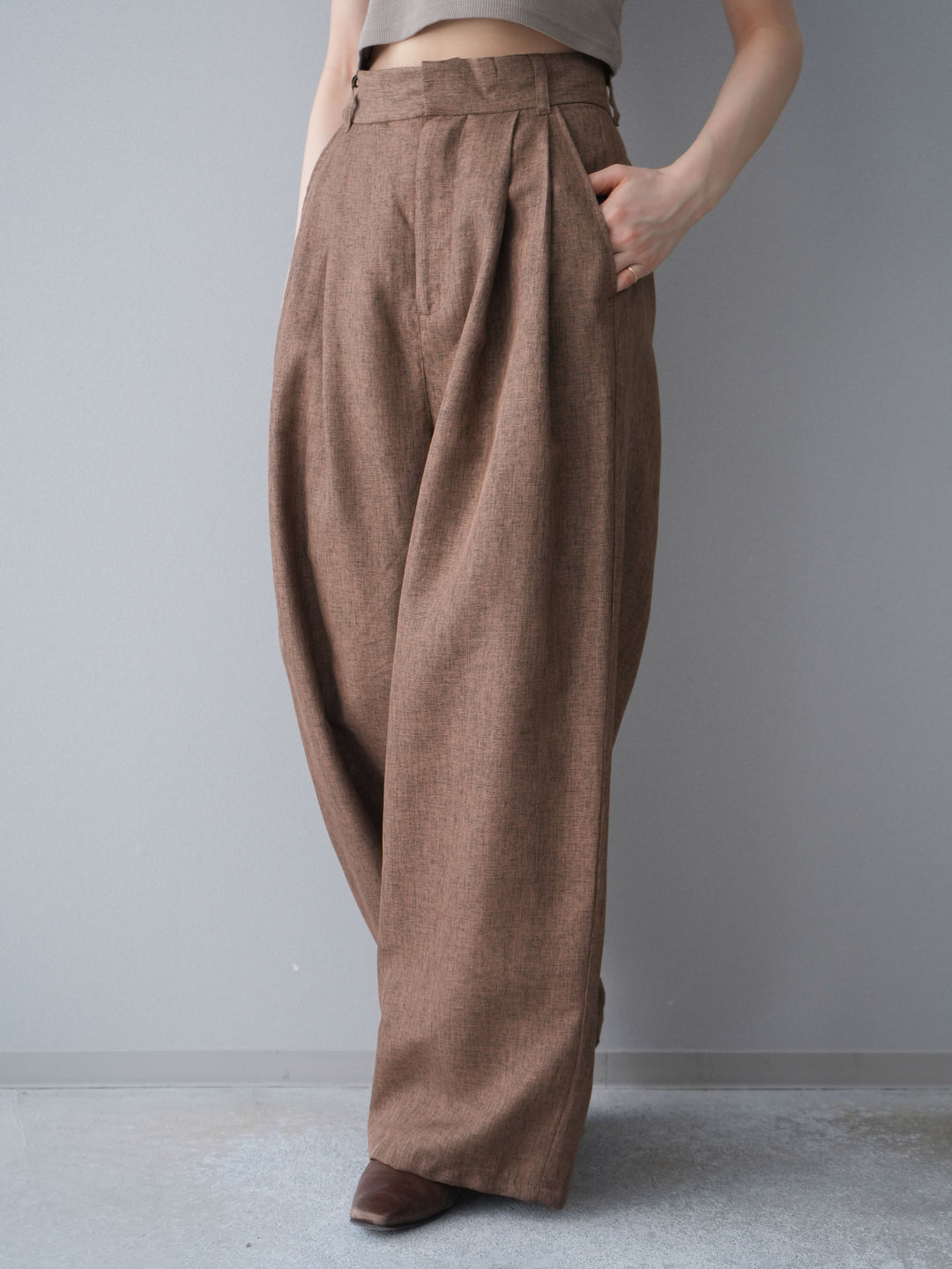 [予約]リネンライクタックワイドパンツ/brown