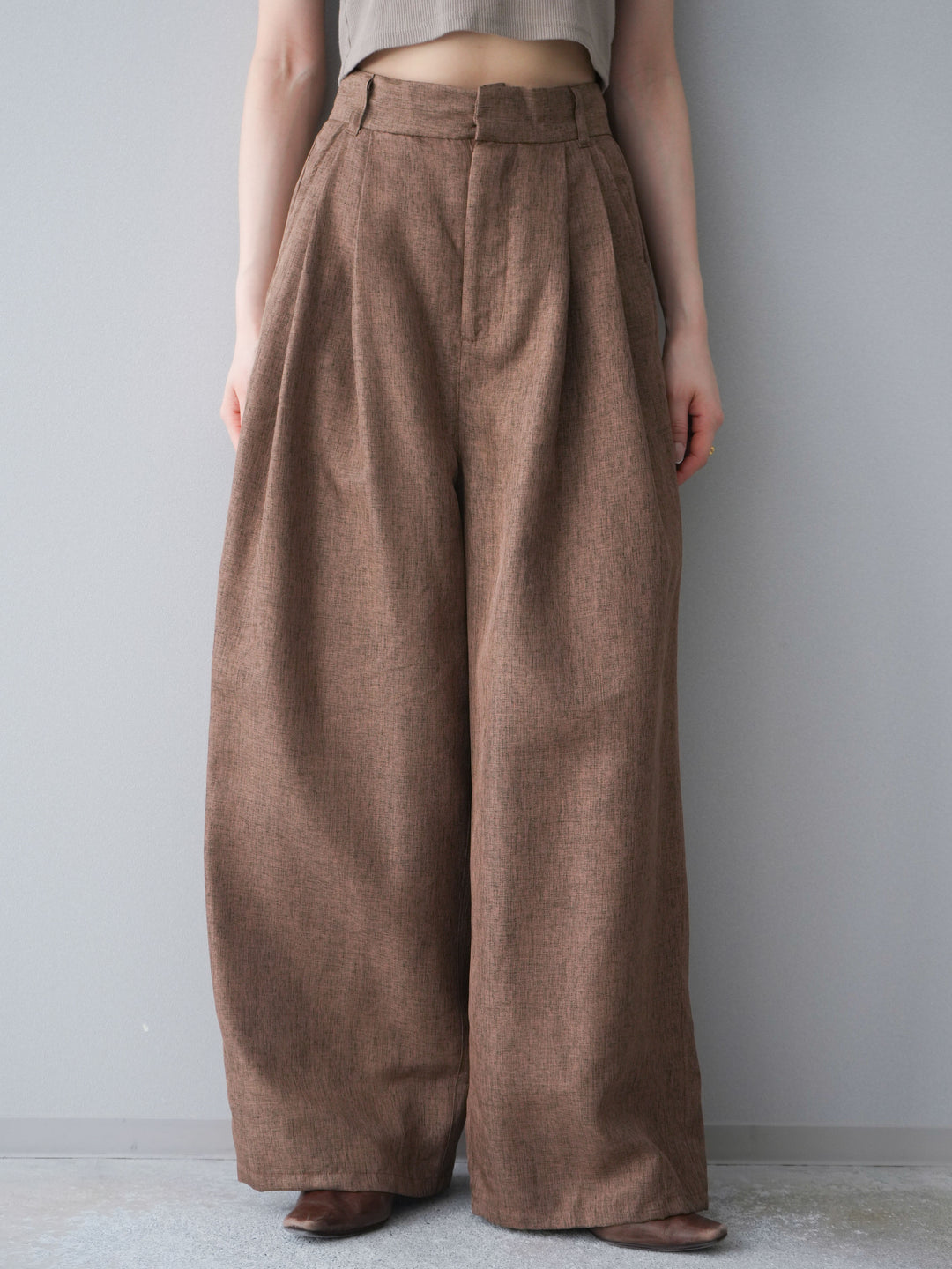 [予約]リネンライクタックワイドパンツ/brown