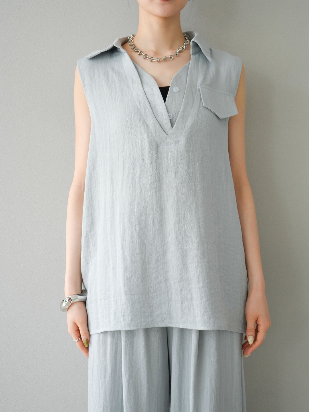 [SET]リネンライクスキッパーブラウス＆ワイドパンツSET UP