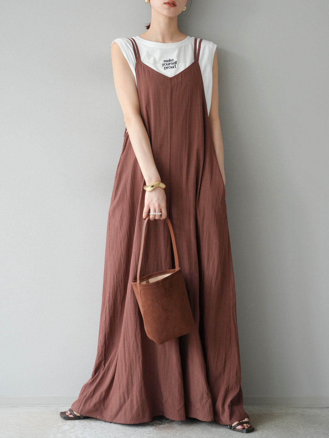 [予約]レーヨンVネックサロペット/ブラウン