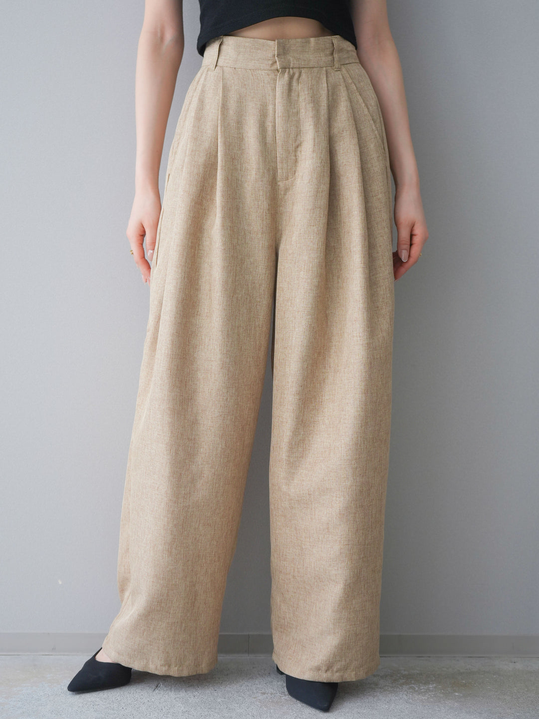 [予約]リネンライクタックワイドパンツ/beige