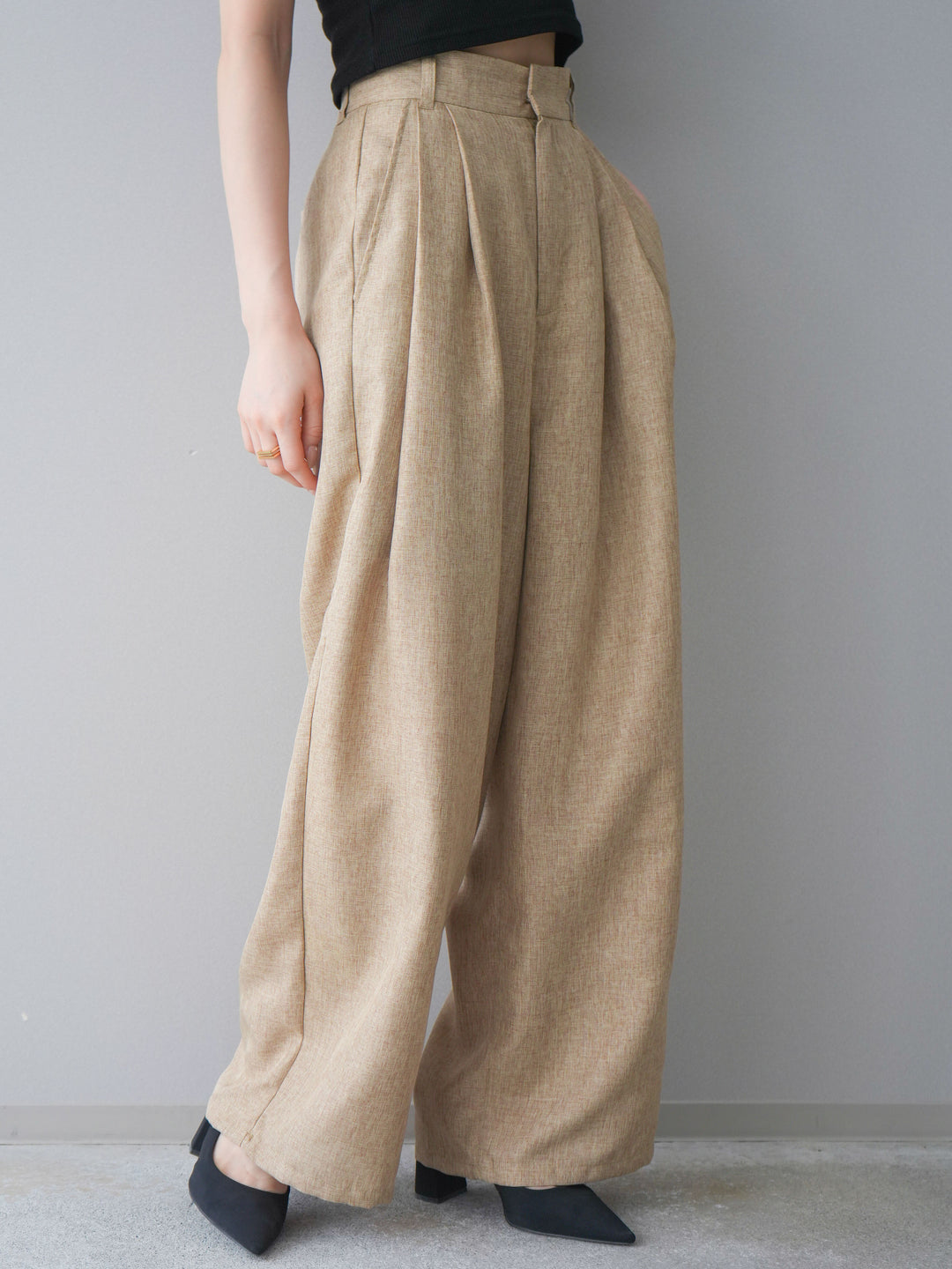 [予約]リネンライクタックワイドパンツ/beige