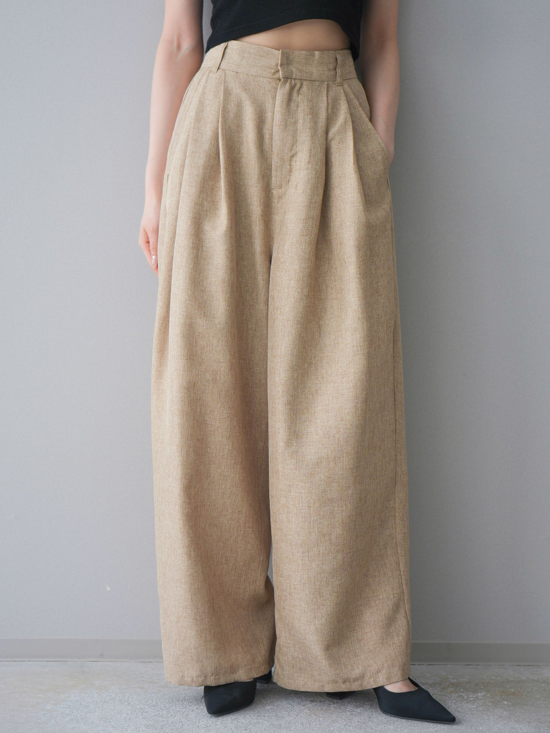 [予約]リネンライクタックワイドパンツ/beige