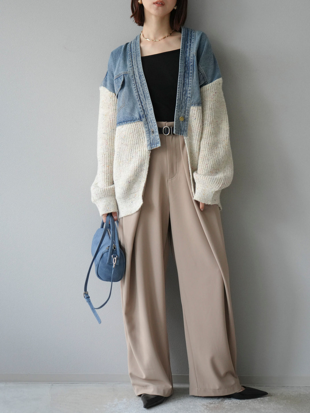 【SET】牛仔邊飾針織開襟衫+皮帶束腰寬褲（2件組）