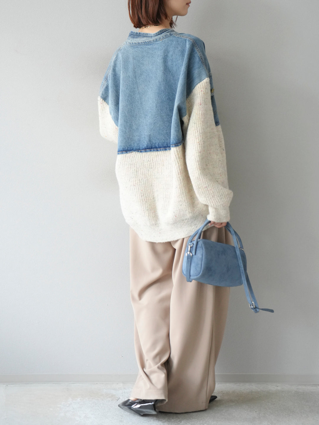 【SET】牛仔邊飾針織開襟衫+皮帶束腰寬褲（2件組）