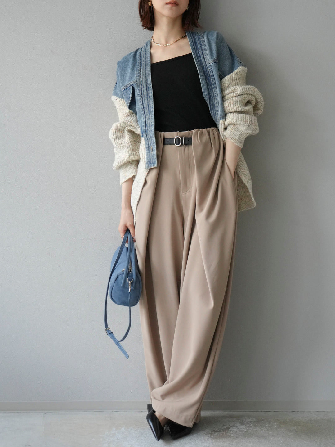 【SET】牛仔邊飾針織開襟衫+皮帶束腰寬褲（2件組）