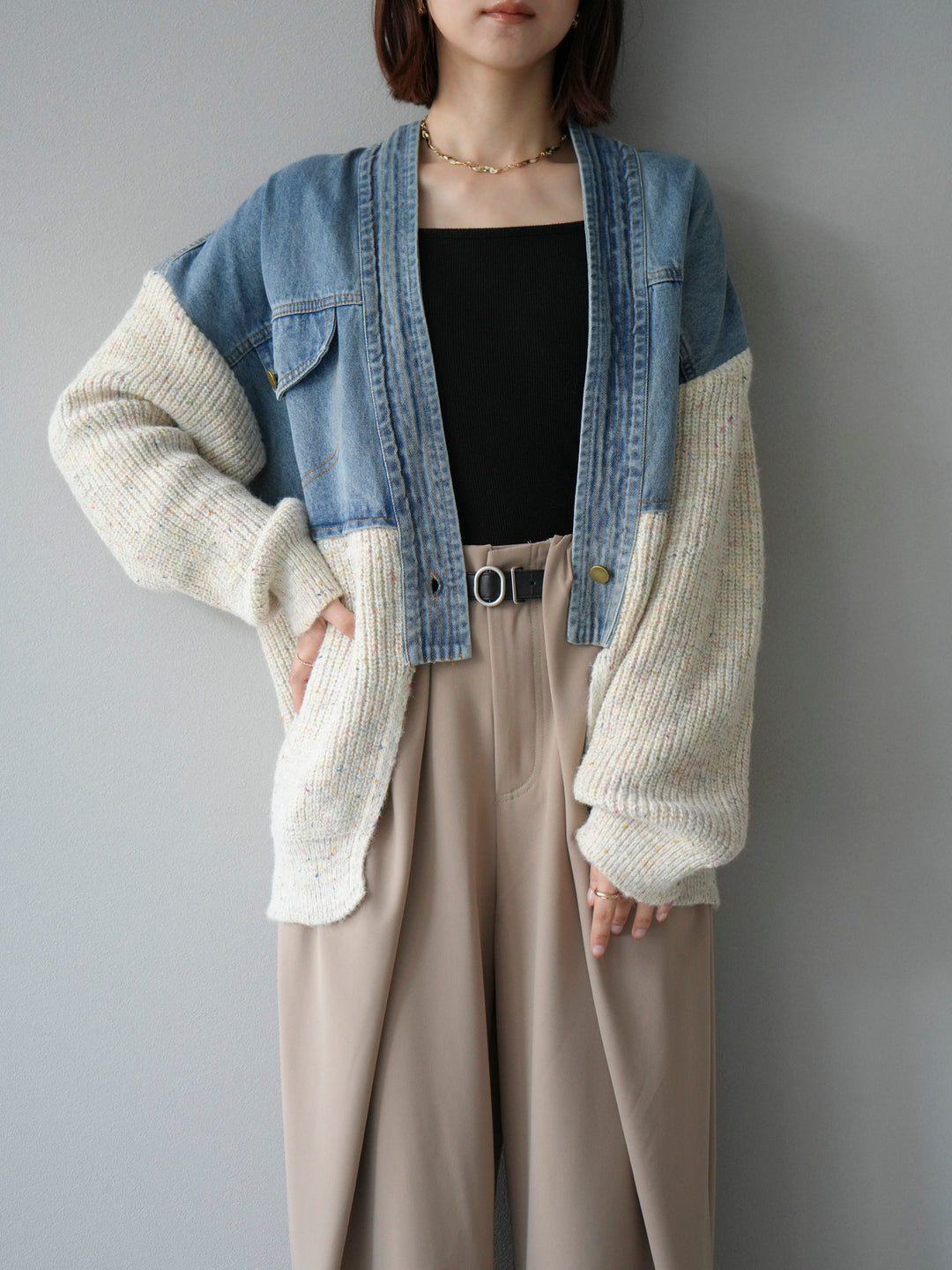 【SET】牛仔邊飾針織開襟衫+皮帶束腰寬褲（2件組）