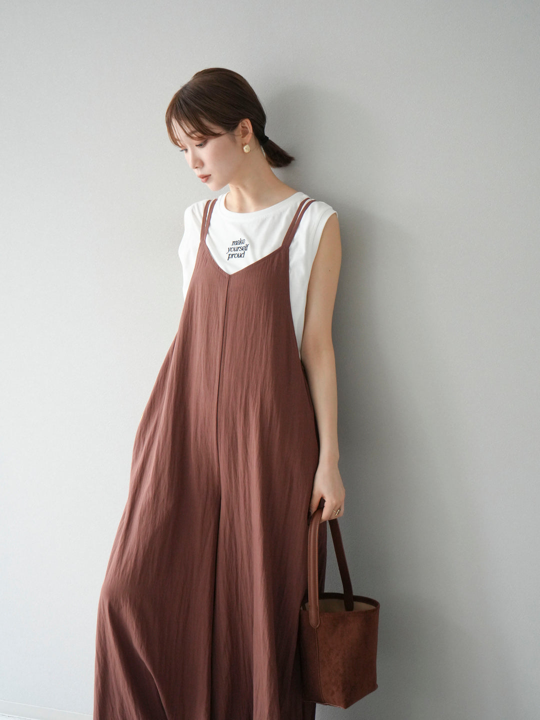 [予約]レーヨンVネックサロペット/ブラウン