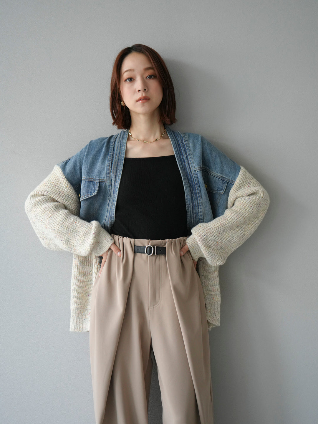 【SET】牛仔邊飾針織開襟衫+皮帶束腰寬褲（2件組）