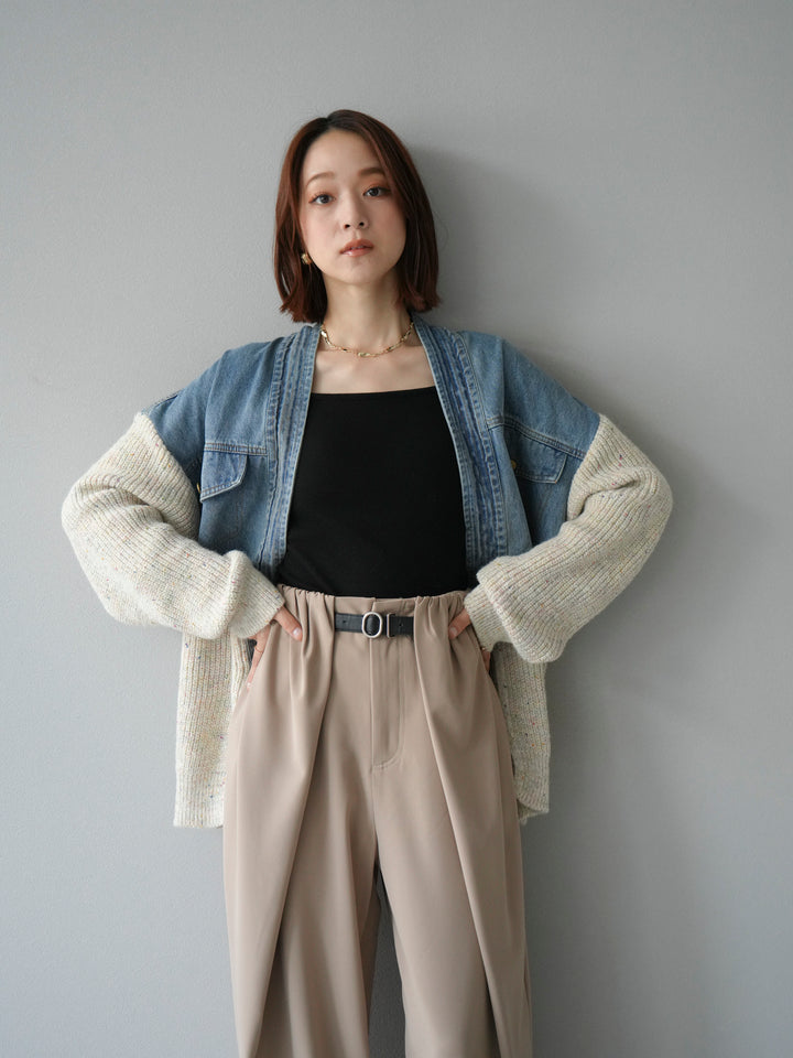 【SET】牛仔邊飾針織開襟衫+皮帶束腰寬褲（2件組）