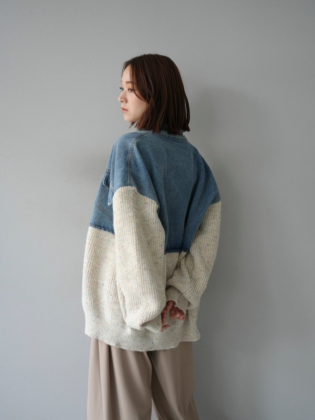 【SET】牛仔邊飾針織開襟衫+皮帶束腰寬褲（2件組）