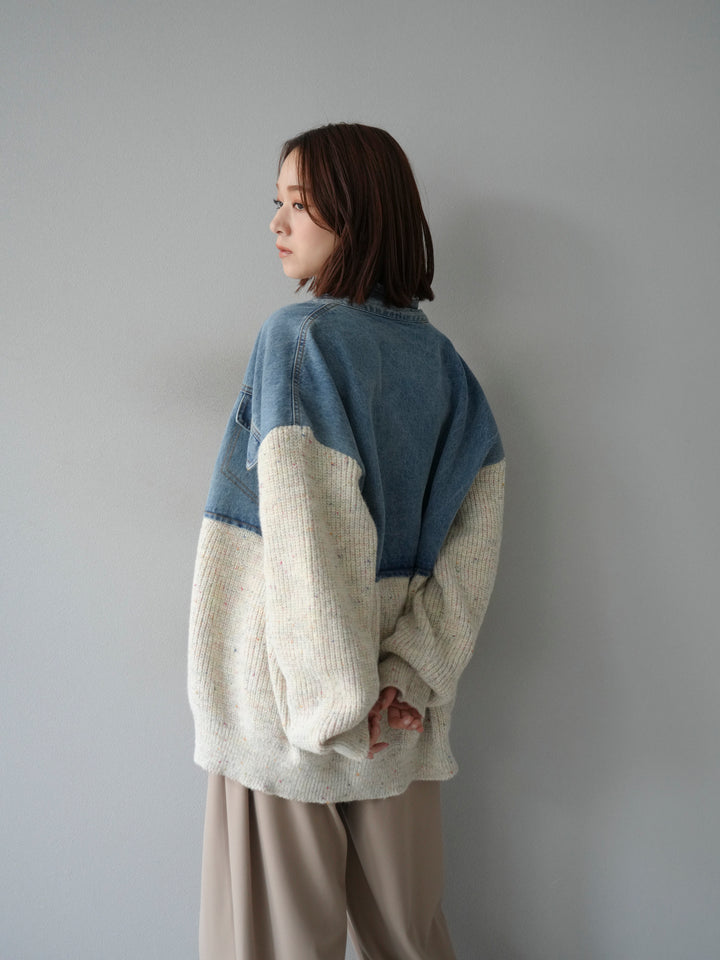 【SET】牛仔邊飾針織開襟衫+皮帶束腰寬褲（2件組）