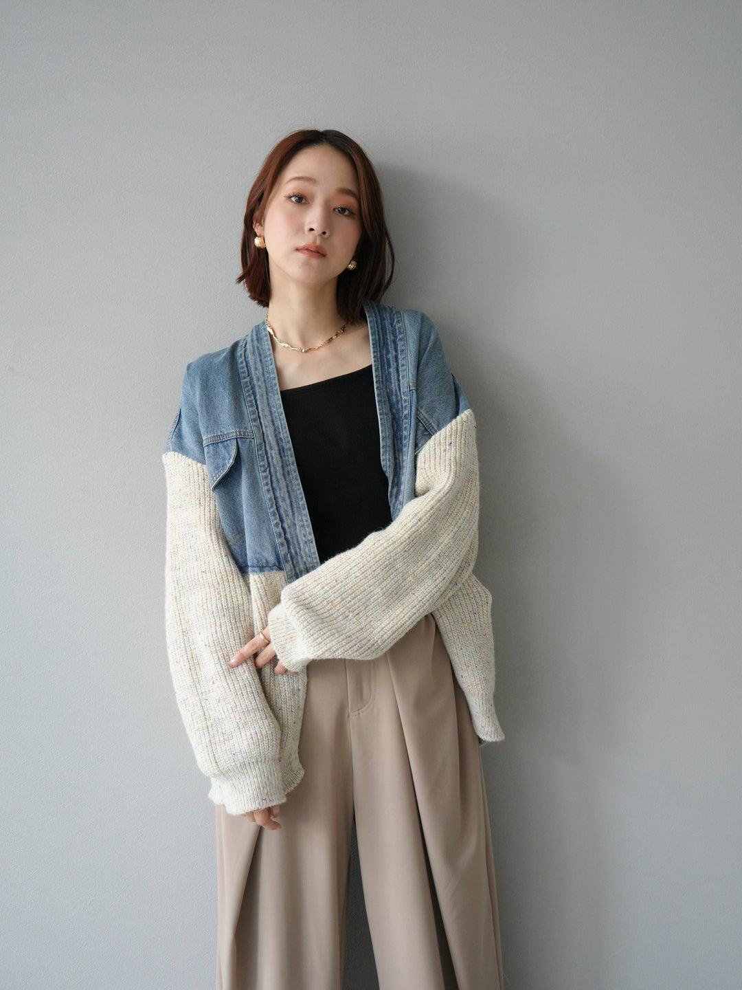 【SET】牛仔邊飾針織開襟衫+皮帶束腰寬褲（2件組）