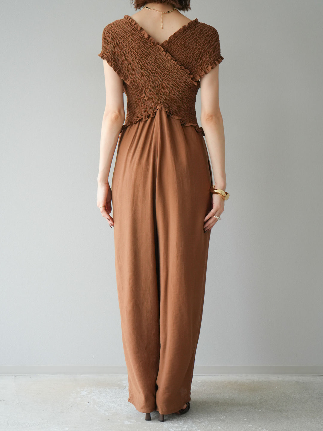 [予約]シャーリングクロスサロペット/ブラウン