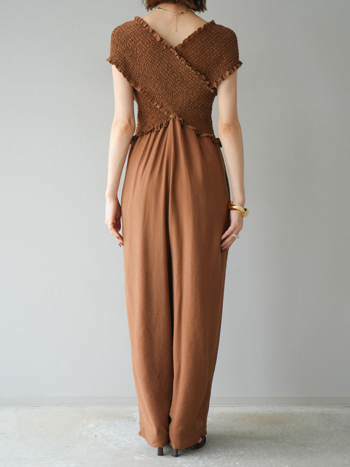 [予約]シャーリングクロスサロペット/ブラウン