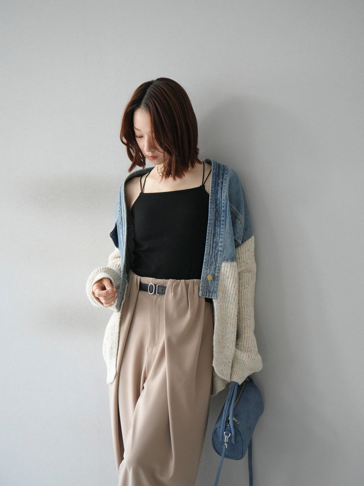 【SET】牛仔邊飾針織開襟衫+皮帶束腰寬褲（2件組）