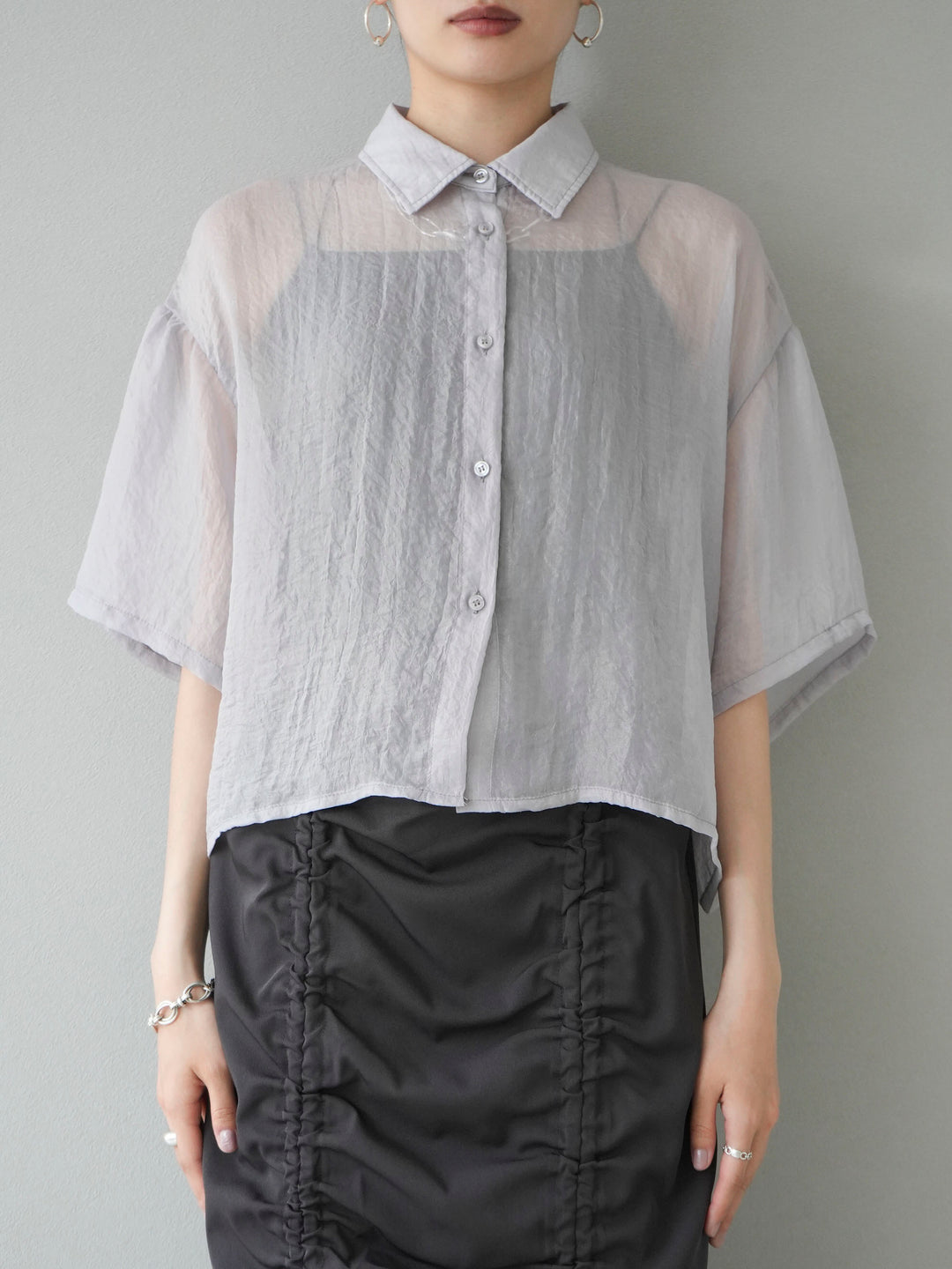 [Pre-order] Lame washer sheer half shirt/gray