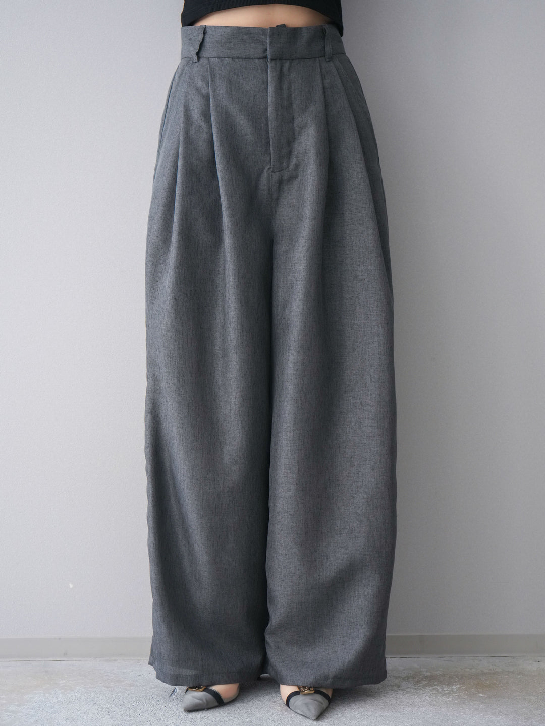 [予約]リネンライクタックワイドパンツ/charcoal