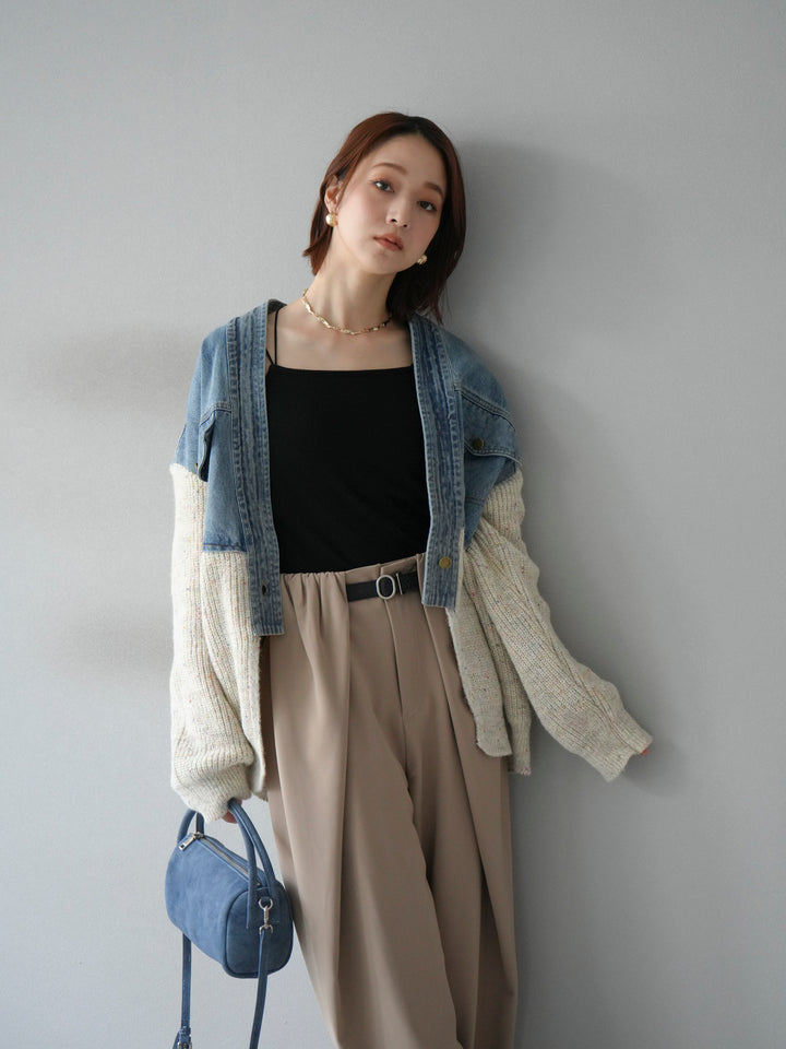 【SET】牛仔邊飾針織開襟衫+皮帶束腰寬褲（2件組）