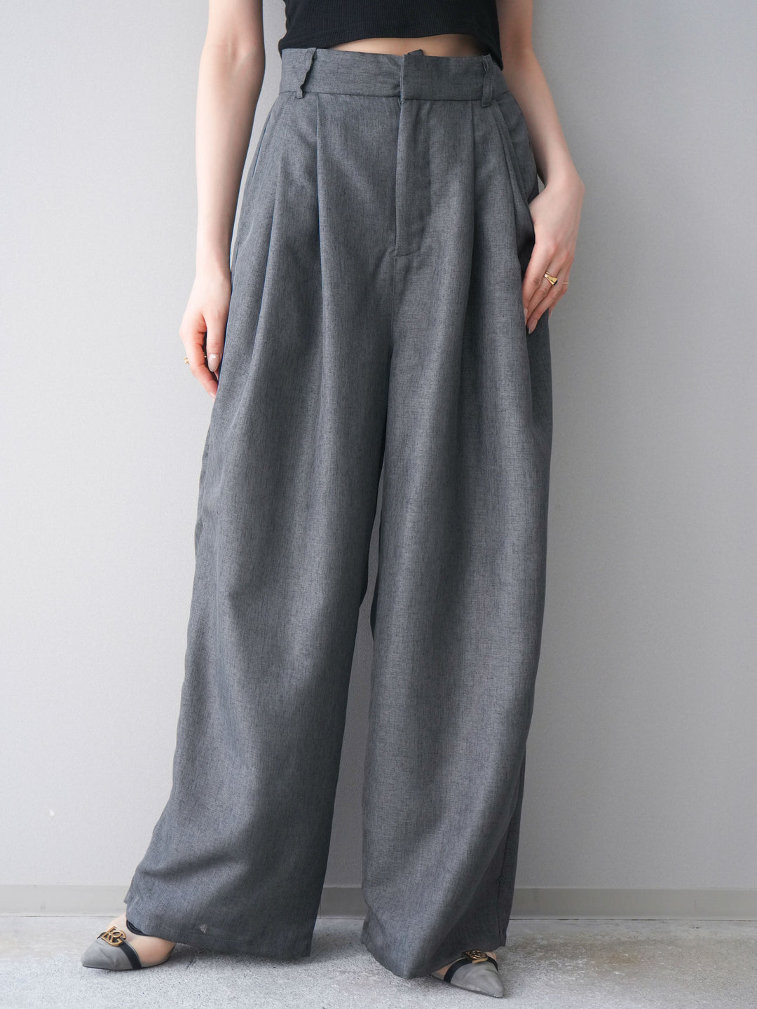 [予約]リネンライクタックワイドパンツ/charcoal