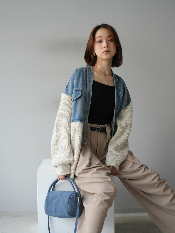 【SET】牛仔邊飾針織開襟衫+皮帶束腰寬褲（2件組）