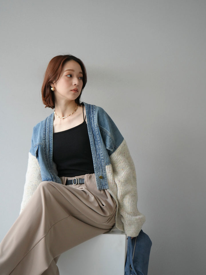 【SET】牛仔邊飾針織開襟衫+皮帶束腰寬褲（2件組）