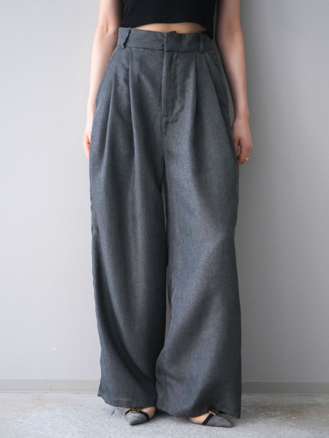 [予約]リネンライクタックワイドパンツ/charcoal