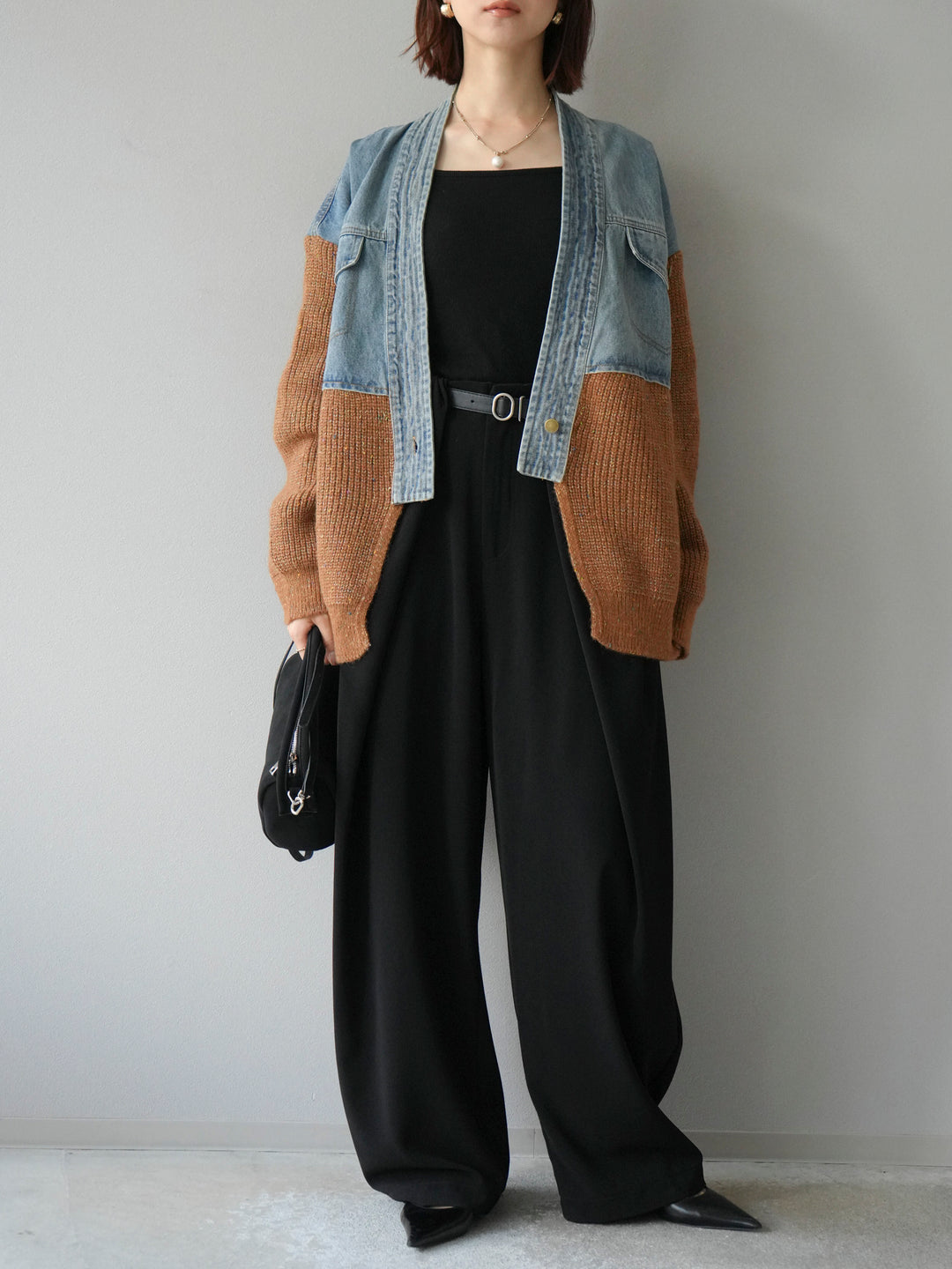 【SET】牛仔邊飾針織開襟衫+皮帶束腰寬褲（2件組）