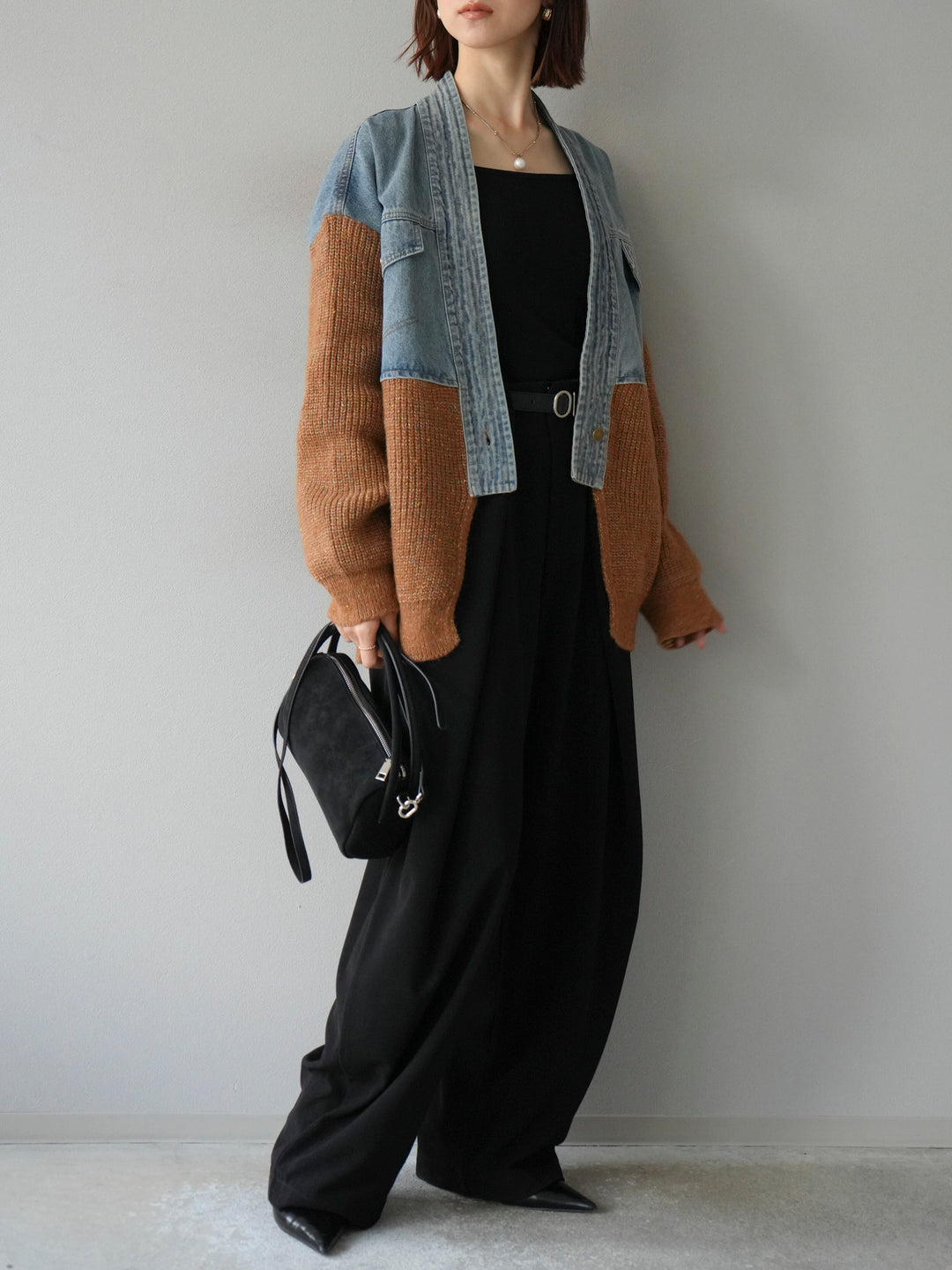 【SET】牛仔邊飾針織開襟衫+皮帶束腰寬褲（2件組）