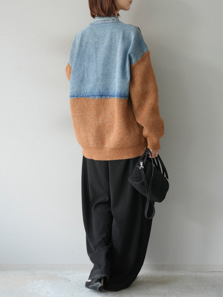 【SET】牛仔邊飾針織開襟衫+皮帶束腰寬褲（2件組）