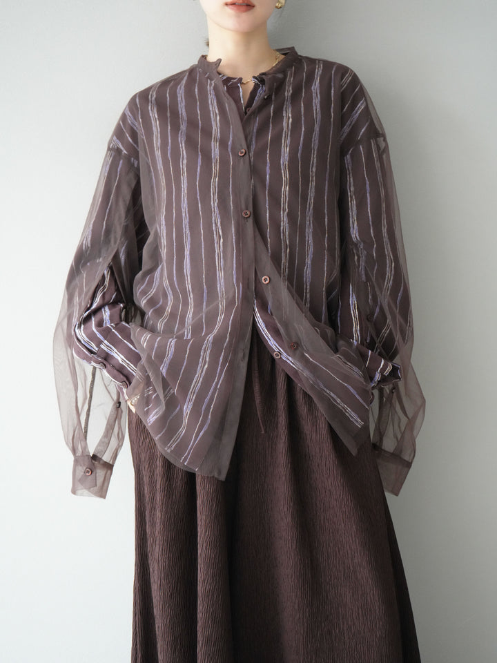 [予約]ペンタッチストライプ2WAYスリーブバンドカラーシャツ/ブラウン