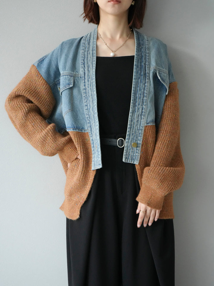 【SET】牛仔邊飾針織開襟衫+皮帶束腰寬褲（2件組）