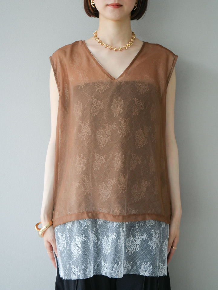 [予約]レースレイヤードオーガンジートップス/ブラウン