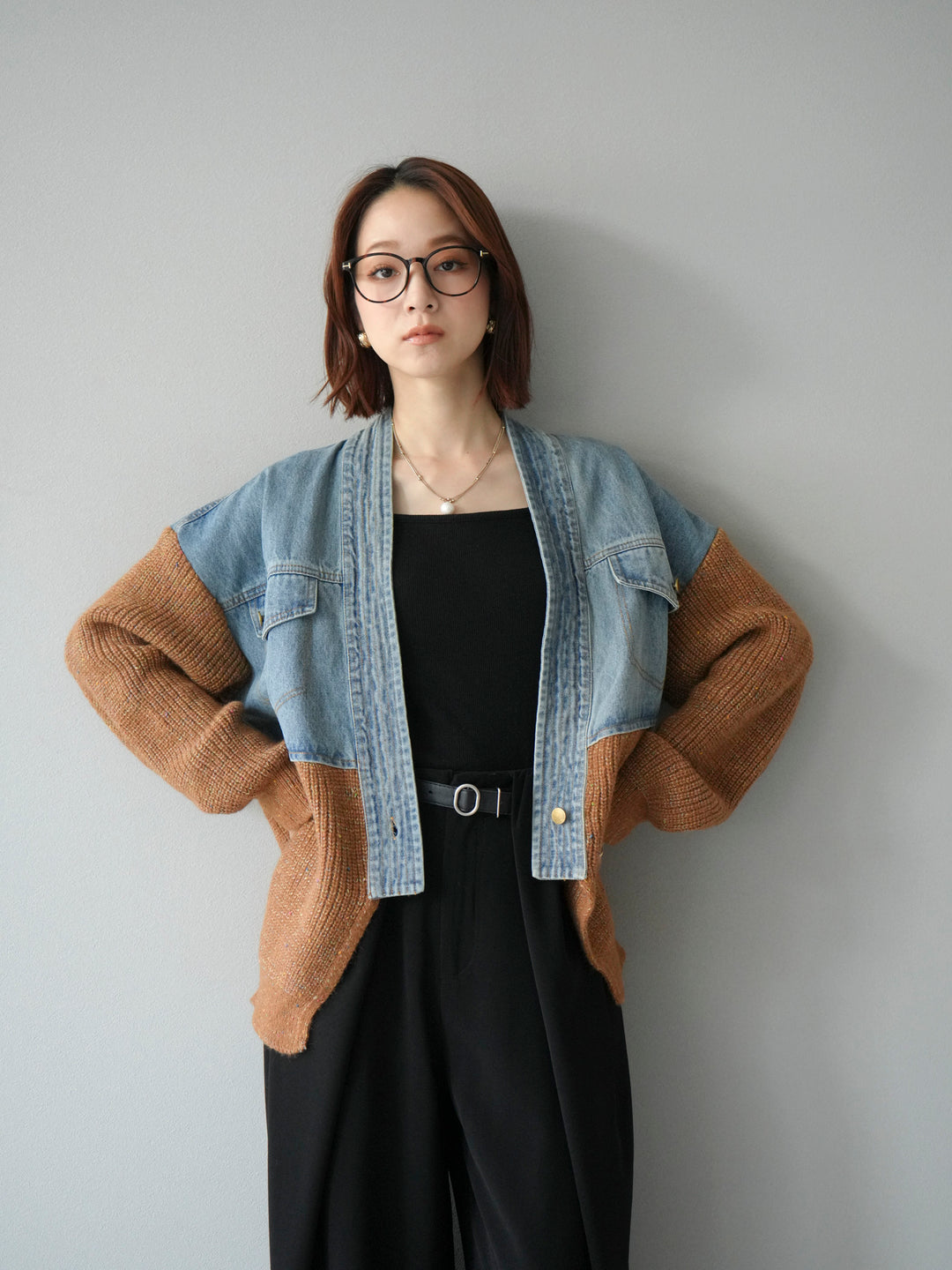 【SET】牛仔邊飾針織開襟衫+皮帶束腰寬褲（2件組）