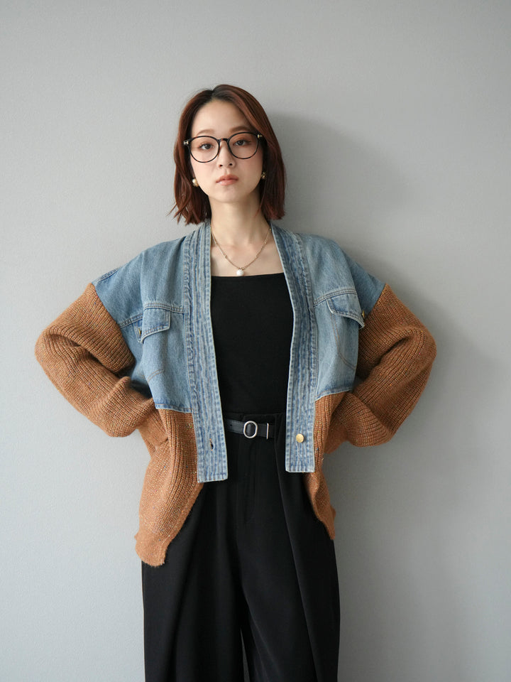 【SET】牛仔邊飾針織開襟衫+皮帶束腰寬褲（2件組）