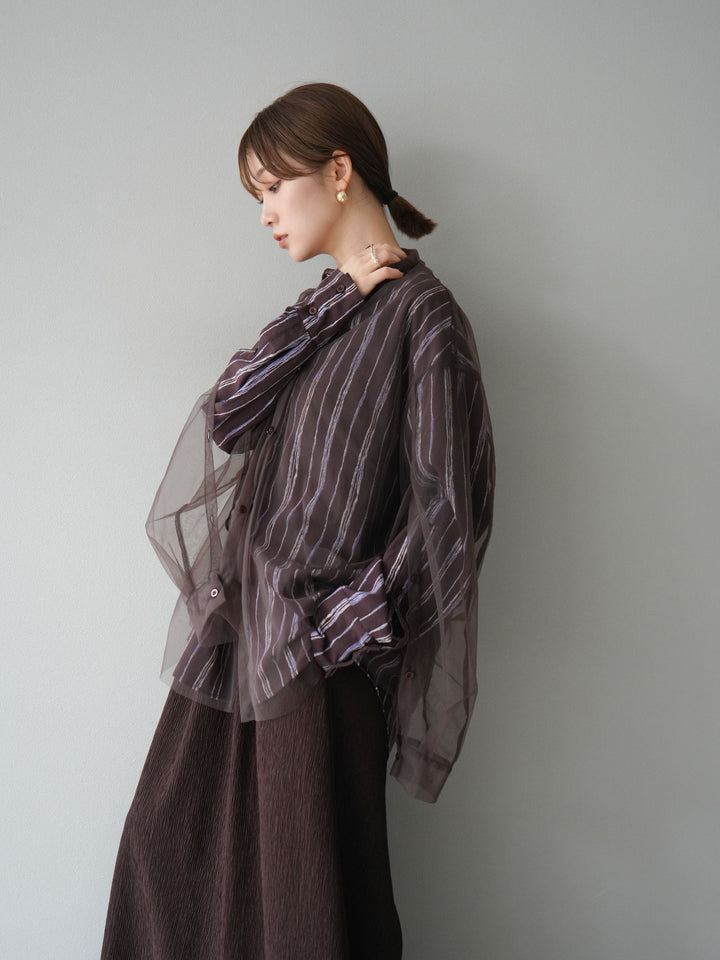 [予約]ペンタッチストライプ2WAYスリーブバンドカラーシャツ/ブラウン