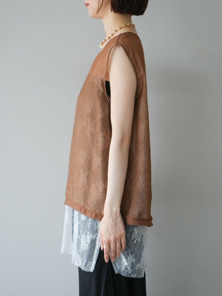 [予約]レースレイヤードオーガンジートップス/ブラウン