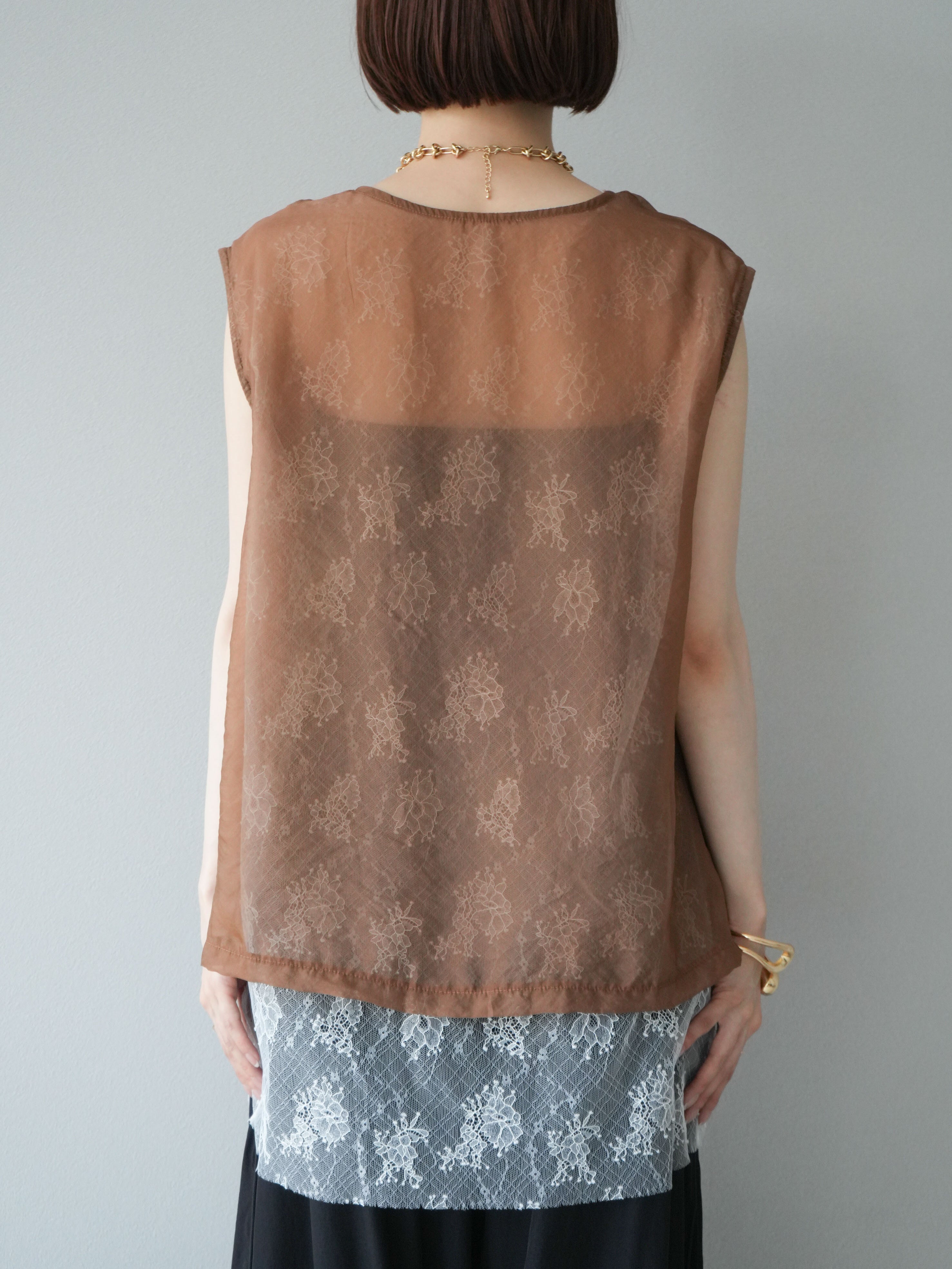 予約]レースレイヤードオーガンジートップス/ブラウン – Lumier
