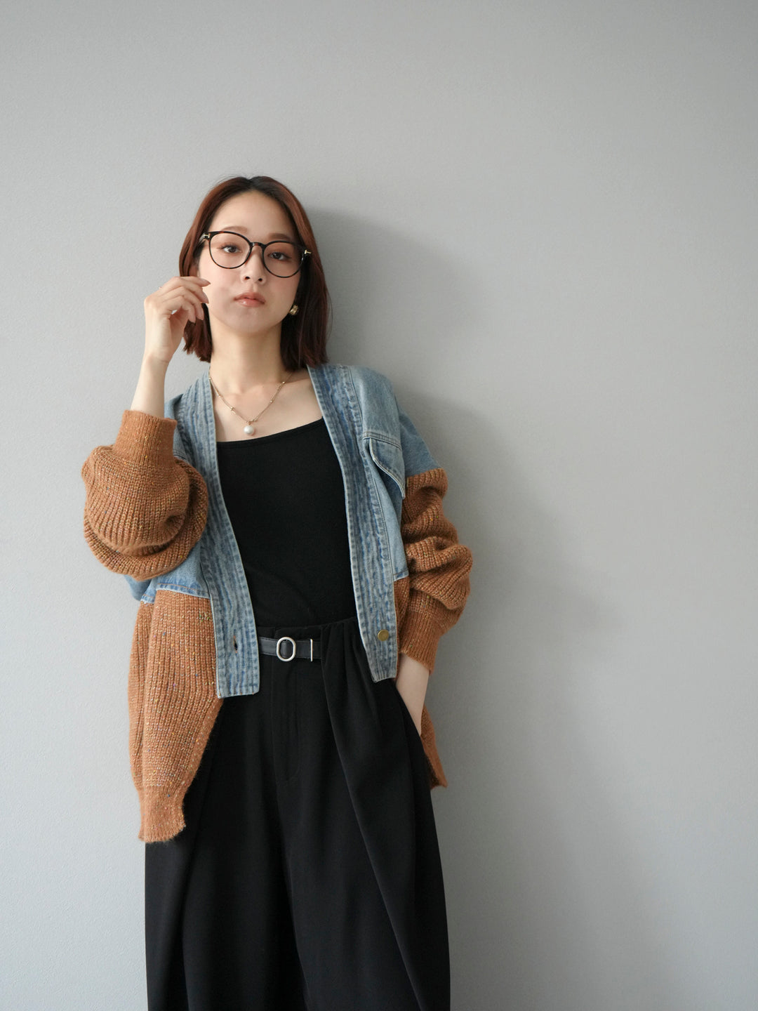 【SET】牛仔邊飾針織開襟衫+皮帶束腰寬褲（2件組）