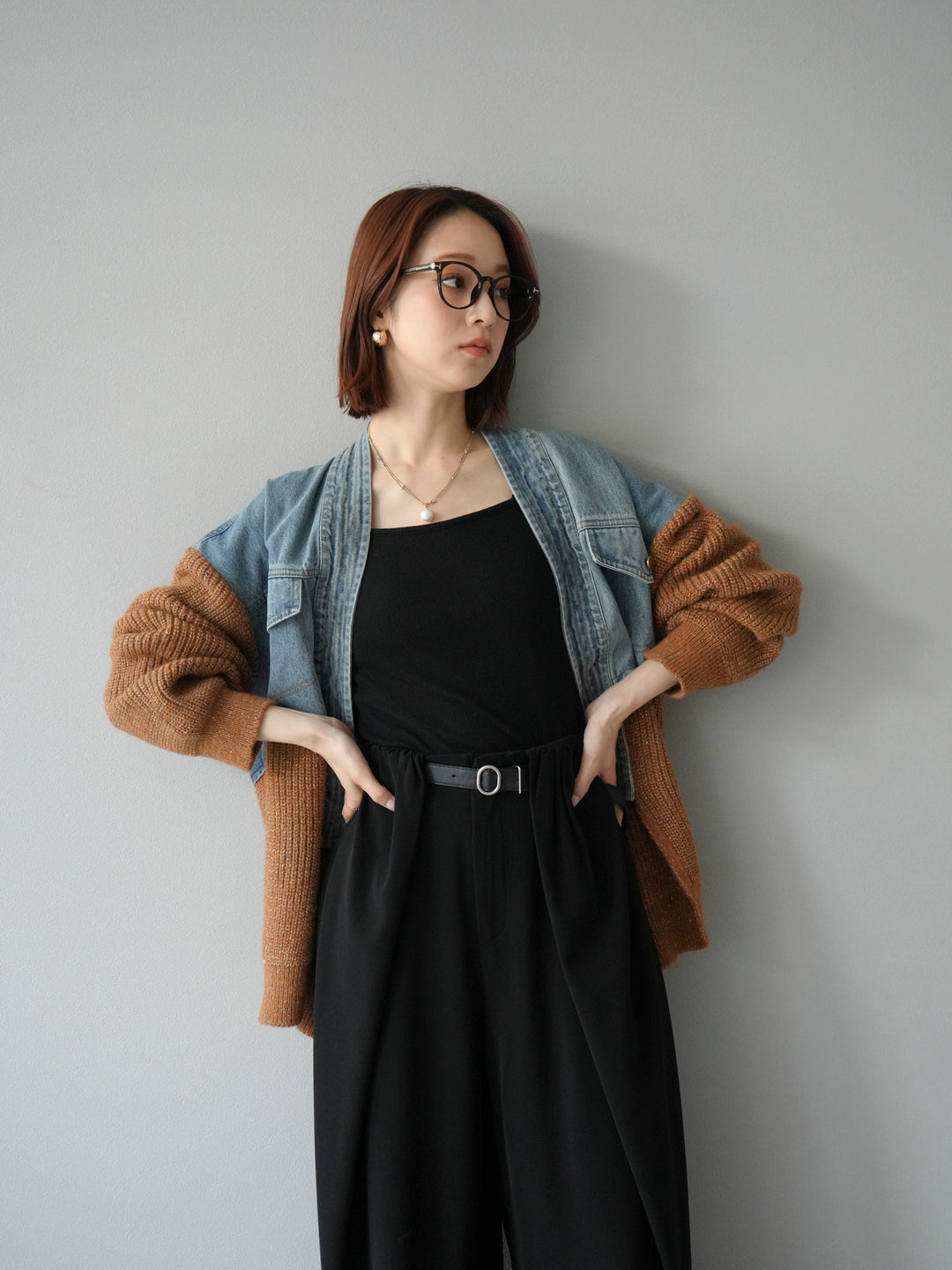 【SET】牛仔邊飾針織開襟衫+皮帶束腰寬褲（2件組）