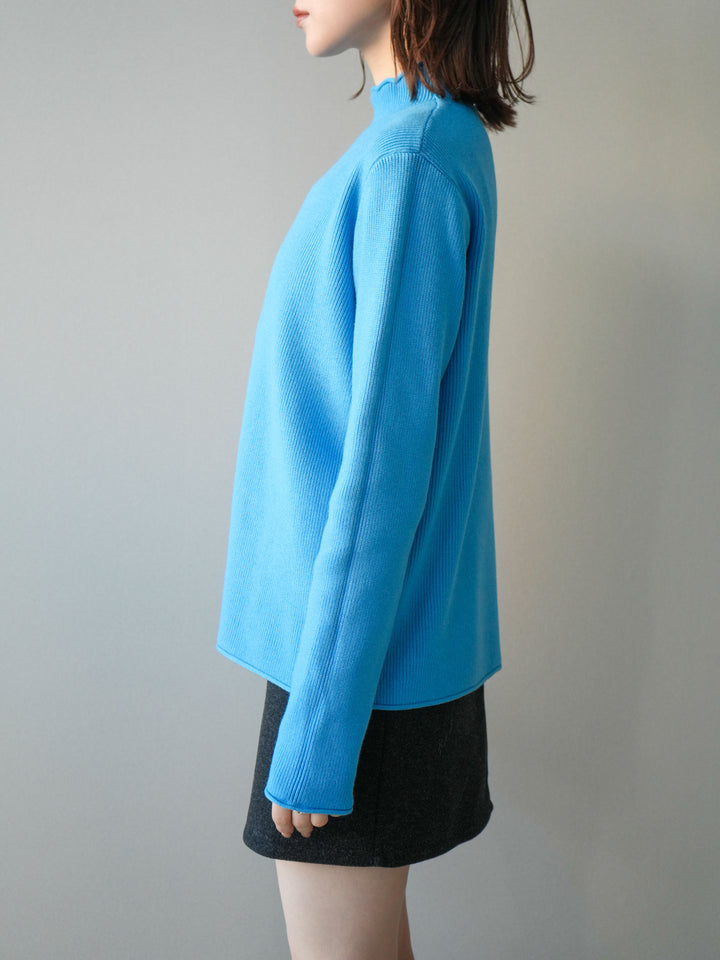 [予約]ボトルネック裾カールリブニットトップス/blue