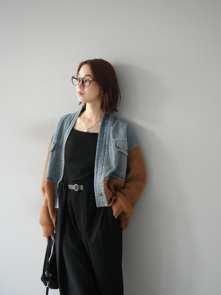 【SET】牛仔邊飾針織開襟衫+皮帶束腰寬褲（2件組）