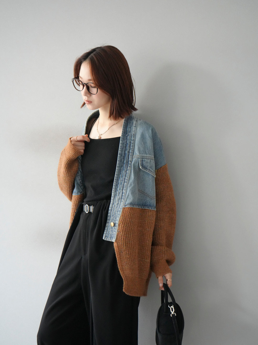 【SET】牛仔邊飾針織開襟衫+皮帶束腰寬褲（2件組）