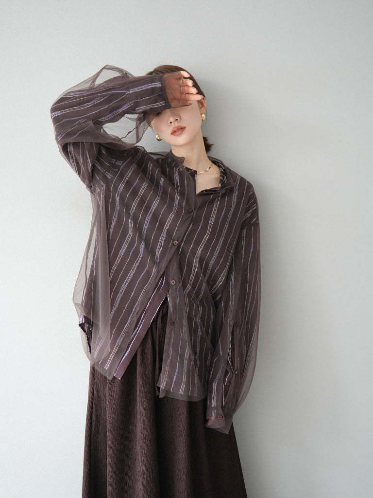 予約]ペンタッチストライプ2WAYスリーブバンドカラーシャツ/ブラウン