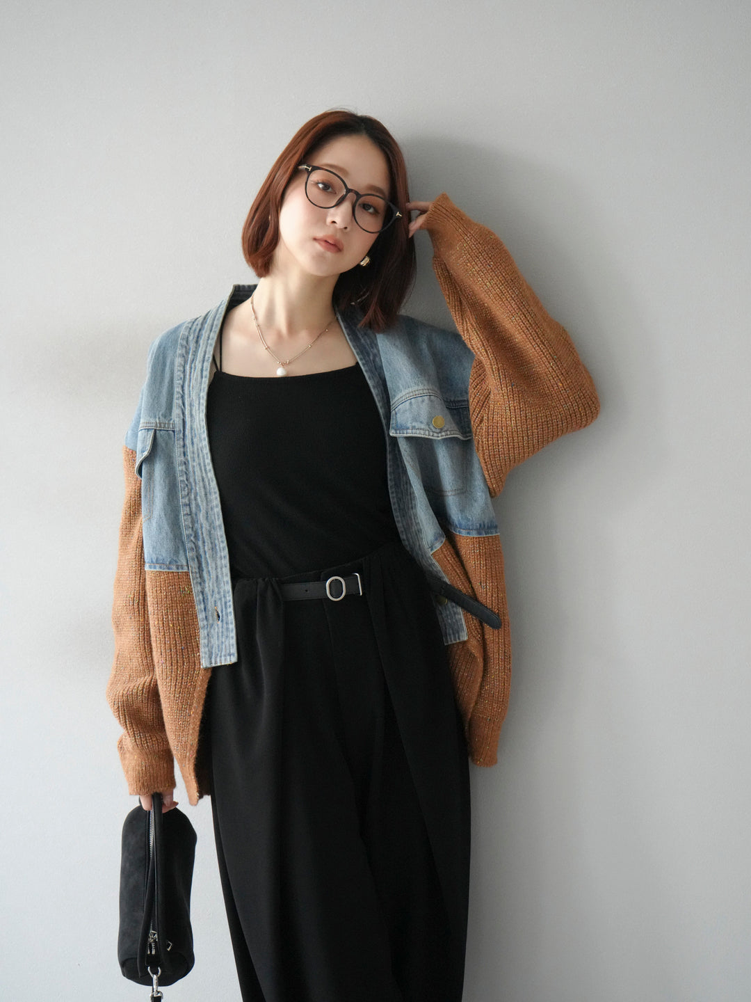 【SET】牛仔邊飾針織開襟衫+皮帶束腰寬褲（2件組）